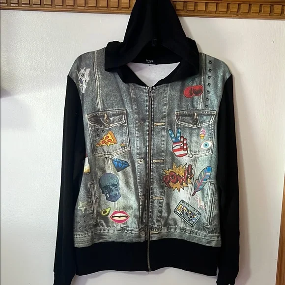 Terez Black Zip Up Hoodie Jacket with Graphic 80’s- 90’s Design. Size Medium - Picture 2 of 8